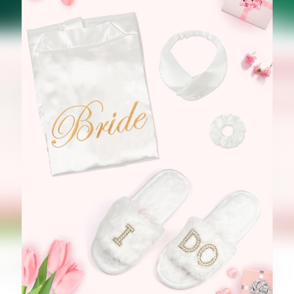 White Silky Satin Like Bridal 4pc. Set with Gold Accents Size S/M